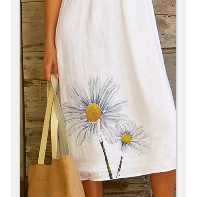 

Lugentolo Summer Long Dress Women White Pirnt Sleeveless Dress V-Neck Loose Casual Women Clothes