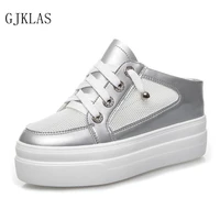 meshgenuine leather casual shoes woman slippers platform wedges women half slippers high heels size 42 silver white shoes