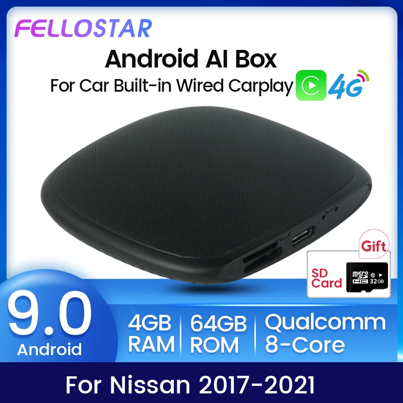

Qualcomm Mini Ai Box Android 9 4+64G Car Navigation GPS For Nissan 2017-2021 Wired to wireless carplay Plug and Play