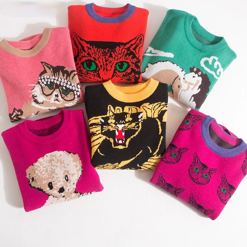 

Designer Cat Print Knitted Sweaters Pullovers Women Autumn Winter Long Sleeve Harajuku Sweet Jumper