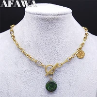 2021 fashion stainless steel green natural stone chocker necklace women gold color neckless jewelry bijoux femme nz21s02