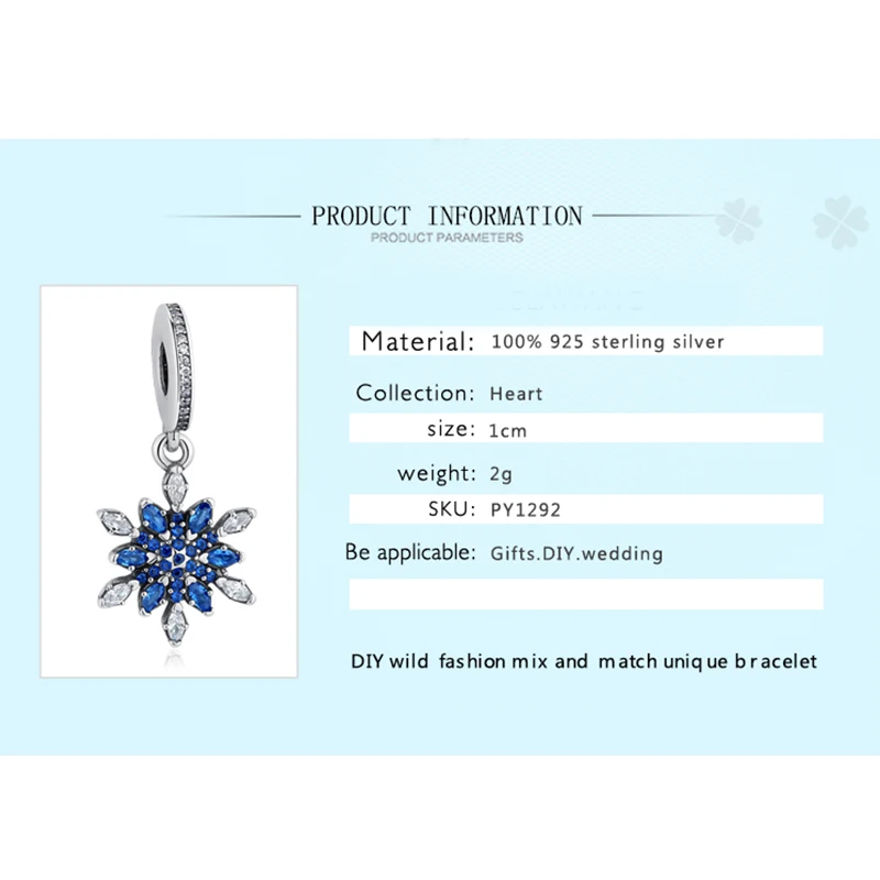 Аутентичные 925 стерлингового серебра Снежинка бусины синего цвета с украшением в