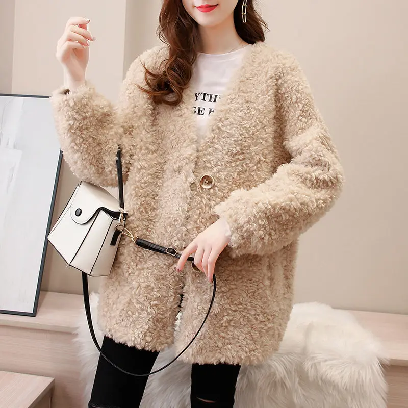 Women 2022 Autumn Winter New Fashion Real Lamb Wool Coat Natural Fur Jacket Female Long Sleeve Granule Warm Outerwear X836 enlarge