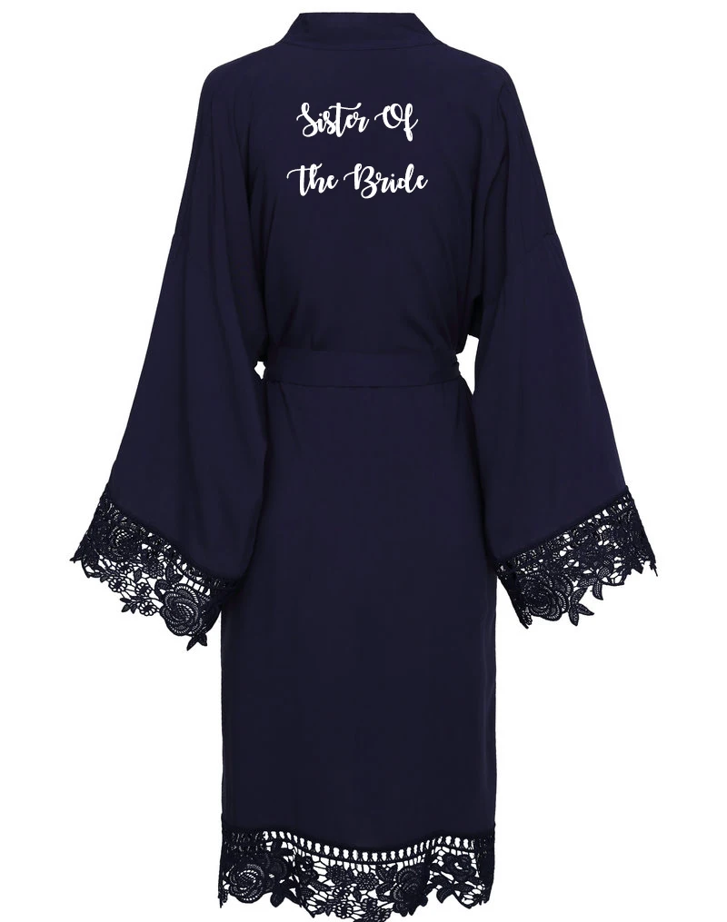 YUXINBRIDAL 2019 New Navy Solid Cotton Kimono Robes with Lace Trim Women Wedding Bridal Bathrobe Sleepwear White Print Bride