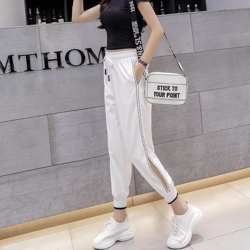 Женские белые спортивные брюки повседневные с высокой талией и разрезом