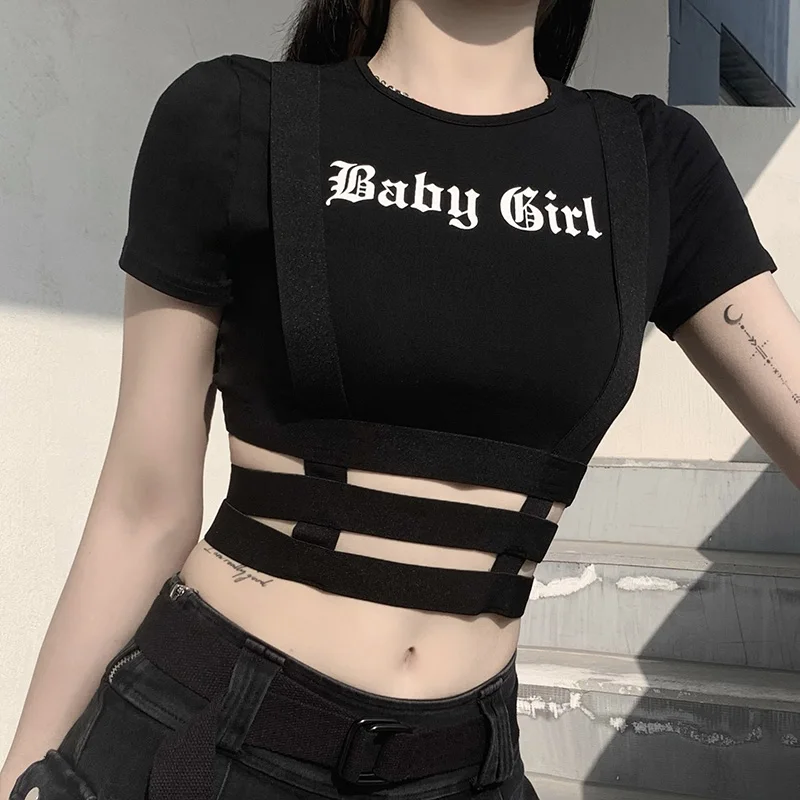 

Harajuku Gothic Punk Black T-shirt Letter Print Bodycon Streetwear Sexy Basic Crop Tops Goth Hollow Out Women Crop Tops