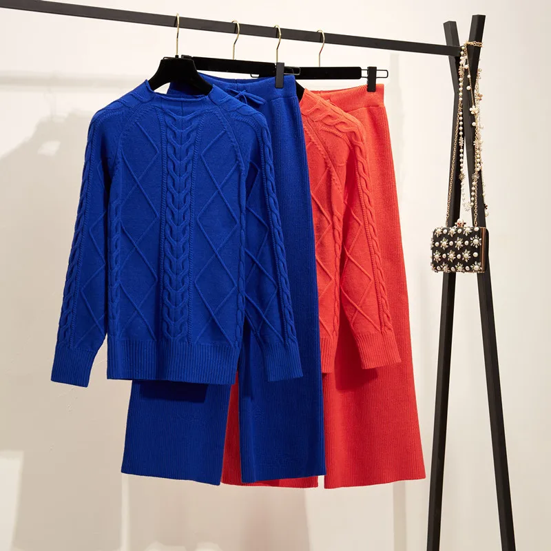 

Autumn Winter Twist Sweater Suit Female 2020 Trend Fashion Solid Knitted Pullover Tops And Wide Leg Pants Casual 2 Piece Set
