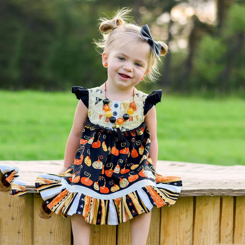 Платье Дети для девочек на Хэллоуин Тыква с принтом праздничное платье принцессы