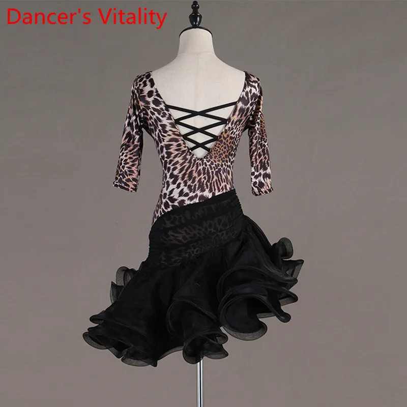2021 New Adult Latin Dance Half Sleeves Leopard Clothes Women Performance Costume Tango Samba Cha Dancing Wear Oufits | Тематическая