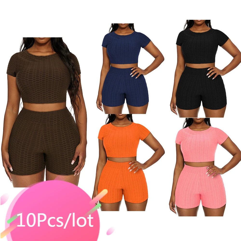 

Wholesale Item for Business Womens Summer Sporty Clothing Solid Crop Tops Biker Shorts Suits Casual Fitness Two Piece Sets 2021