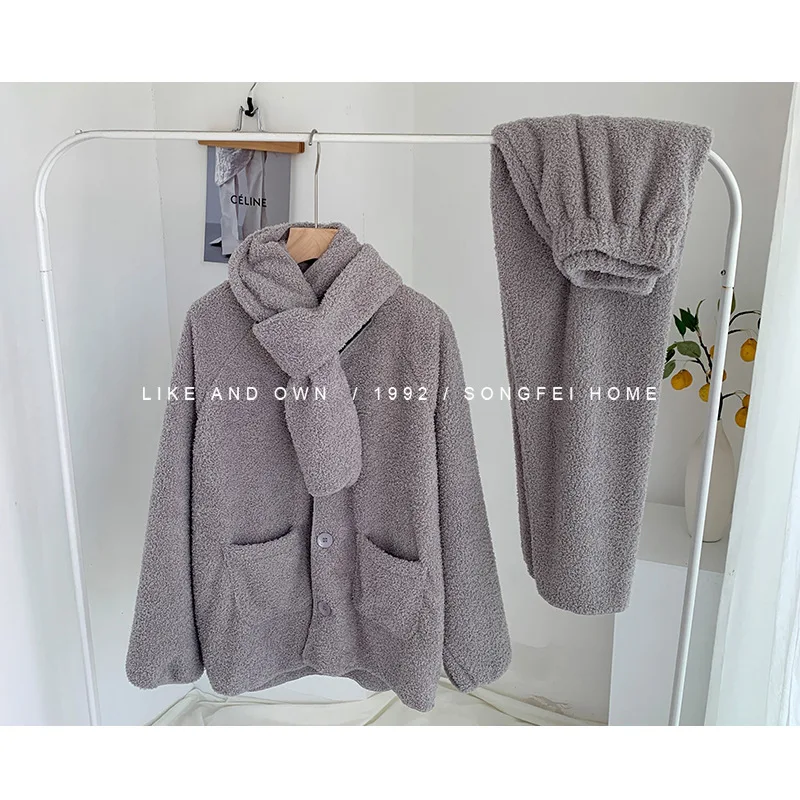 3 Piece Pajama Set Women Japanese Plush Pajamas Home Clothes for Women Winter Sleeping Wear Set for Women Thick Pajamas