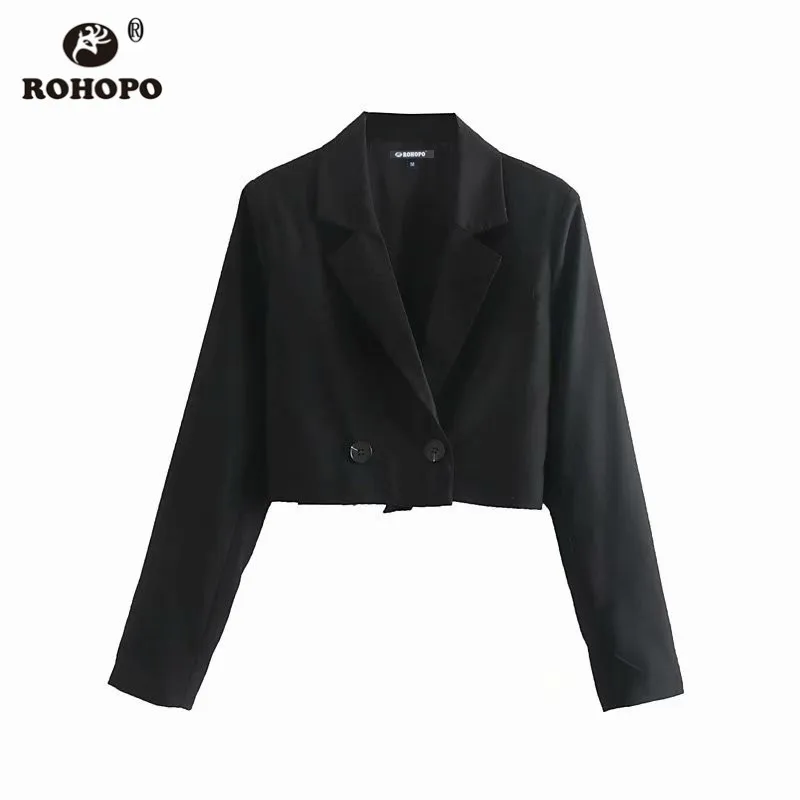 ROHOPO черный укороченный Блейзер двойные пуговицы Зазубренные офисные женские