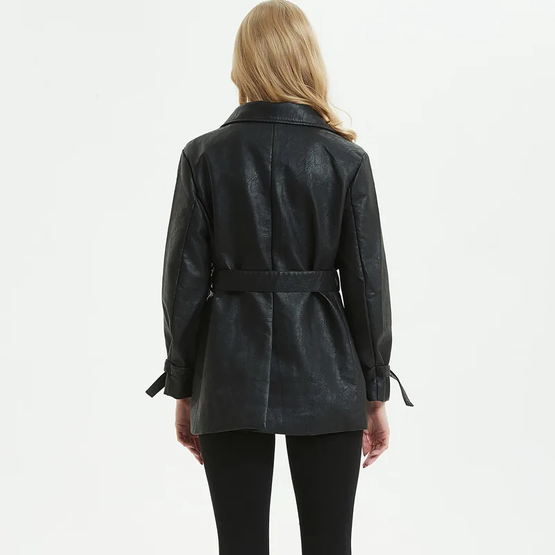 Womens Medium Long Trench Coat Turn Down Collar Single Breasted Soft Pu Leather Jackets Women Boyfriend Belt Black Outerwear