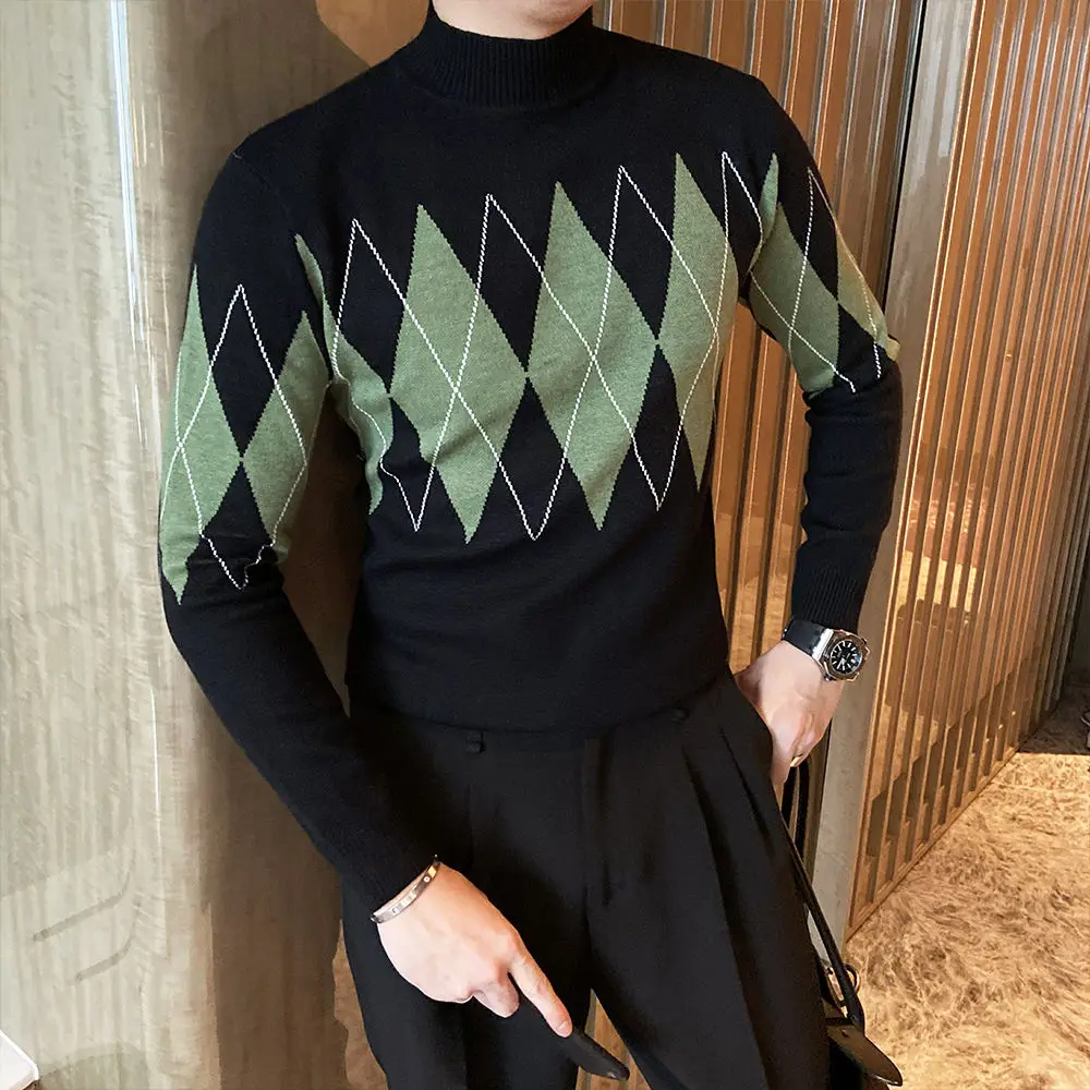 Свитер Мужской трикотажный облегающий с высоким воротником в клетку | Мужская