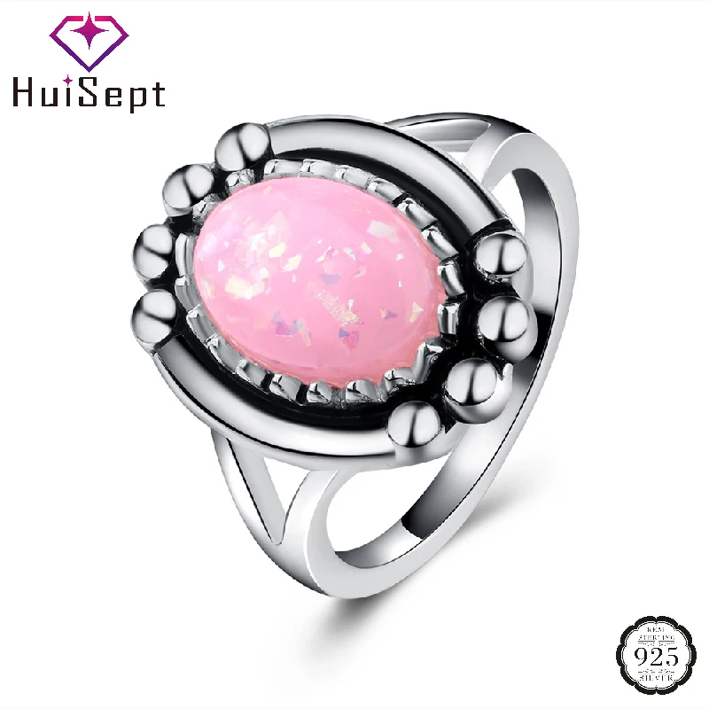 

HuiSept Retro Women Rings Silver 925 Jewelry Oval Shape Opal Gemstone Finger Ring for Girl Wedding Engagement Party Accessories