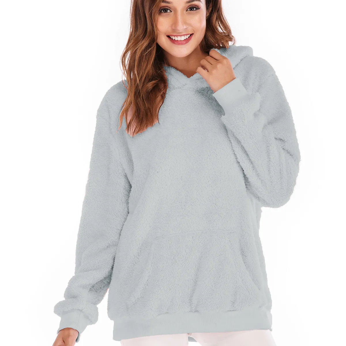 2019 Осень Зима Мода Шерсть Feece негабаритных балахон розовый теплый флис | Женская