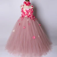 bean paste pink flower girl tutu dress tulle flower fairy princess dress kids wedding birthday party dress girls ball gown 1 14y