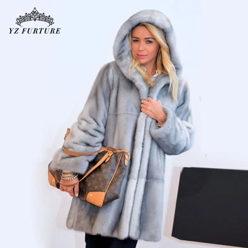 Женская Шуба из натурального меха норки с капюшоном импортная Сапфировая шуба