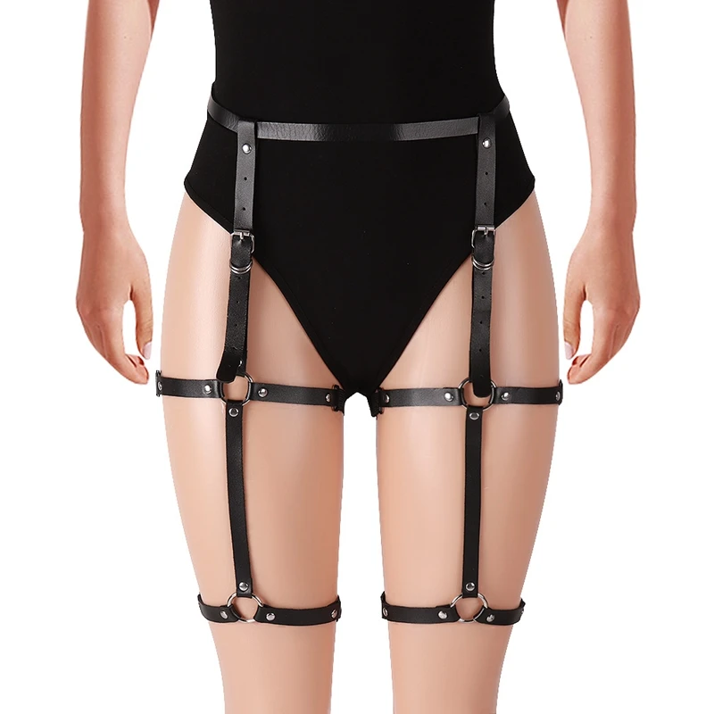 

New Leather Set Women Sexy Harajuku Handmade Punk Rock Goth Garter Belts Leg Adjust Leather Straps Harness Lingerie Suspenders