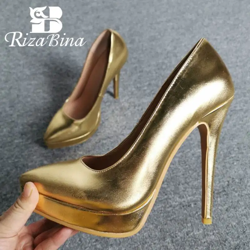 RizaBina/Большие размеры 35-47 Женские туфли-лодочки Блестящая обувь золотистого цвета