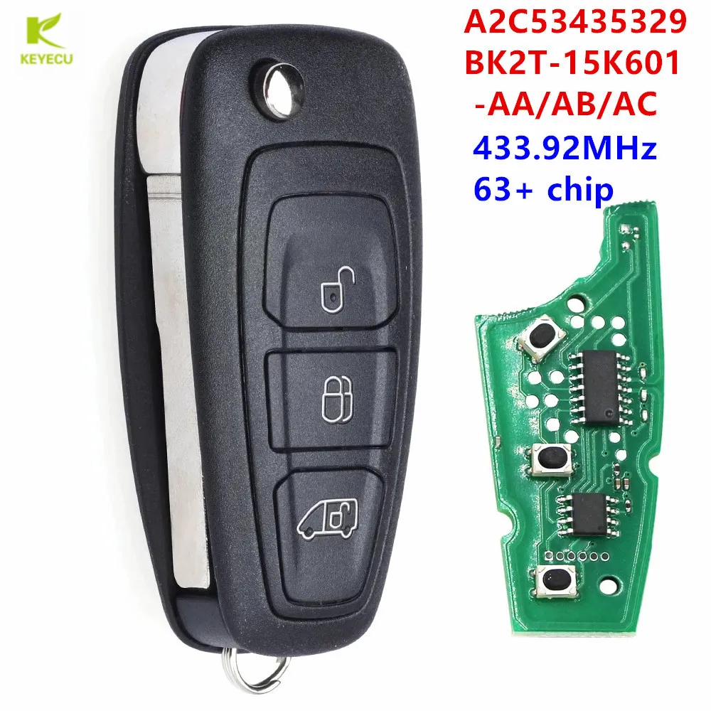 KEYECU Replacement Remote Flip Key fob 433.92MHz 63+ chip for Ford Transit Custom 2012-2016 BK2T-15K601-AA/AB/AC A2C53435329