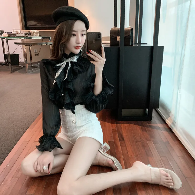 

Female Fashion 2pc Chic Pants Suits 2 Piece Vestidos Women Sweet Flare Sleeve Ruffled Shirts&High Waist Mini Shorts Sets Outfits