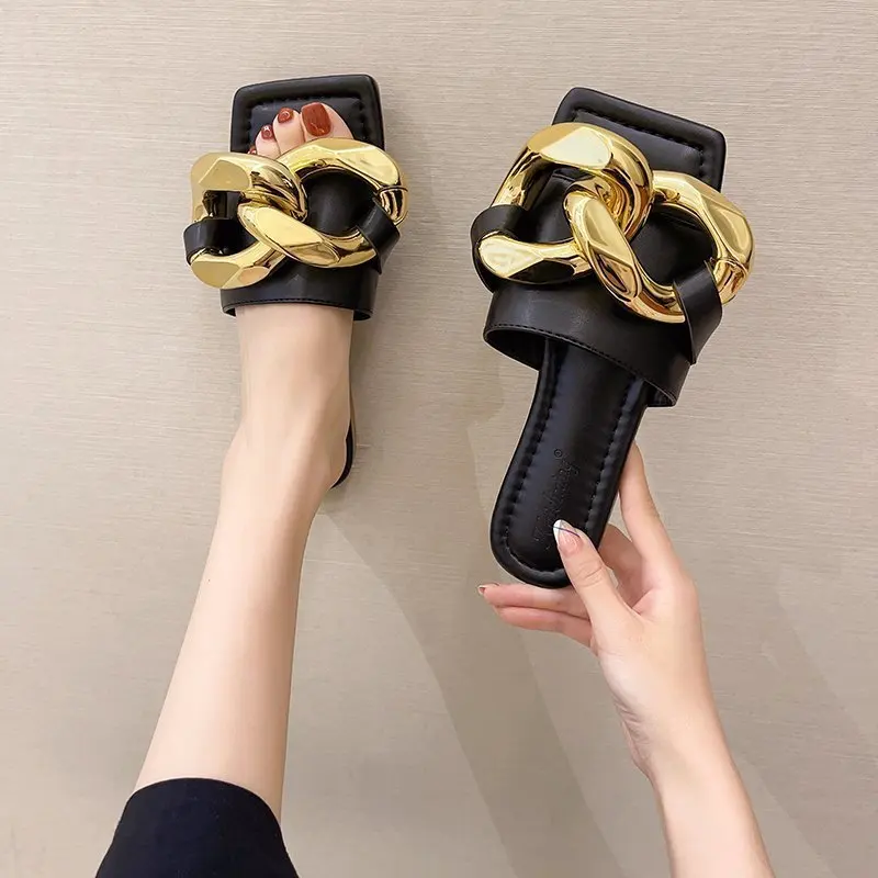 

Shoes Women Loafers Low Rivet Female Slippers Slides Fashion Soft 2021 Flat Luxury Rubber PU Metal Decoration Casual Basic Squa