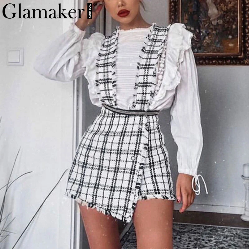 Женская твидовая юбка Glamaker черная мини с бахромой и высокой талией вечерние