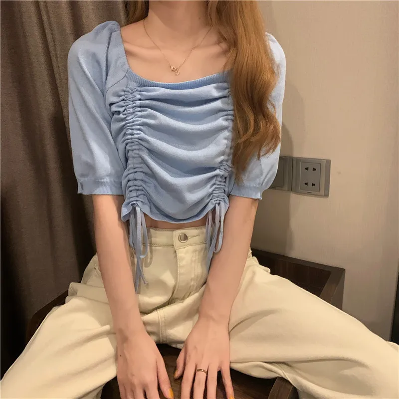 

Women tshirt 2020 Sweet Fashion Printed Ruffled Cropped Shirt Vintage Puff Sleeve Drawstring Tied Female Shirts Chic Tops