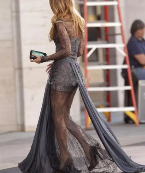 

Gray Celebrity Dresses Mermaid V-neck Long Sleeves Chiffon Lace Beaded See Through Famous Long Formal Red Carpet Dresses