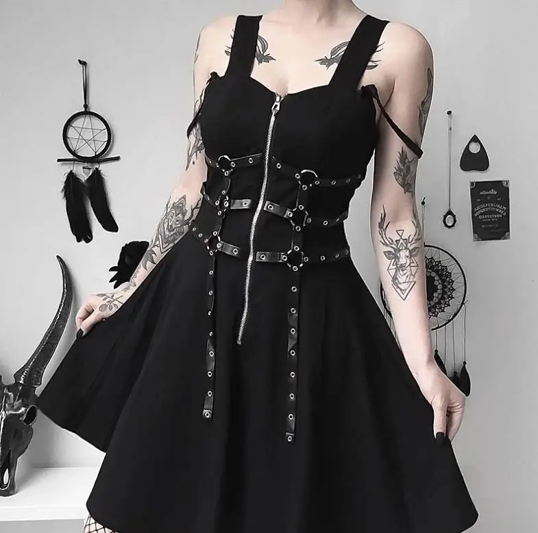 

Women Gothic Y2k E-girl Black Dress Vintage Goth Sleeveless Summer A-Line Dress Harajuku 90s Aesthetics High Waist Party Dresses
