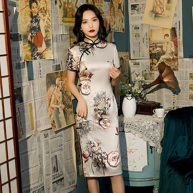 

Женское атласное платье-Ципао с воротником-стойкой, в китайском стиле