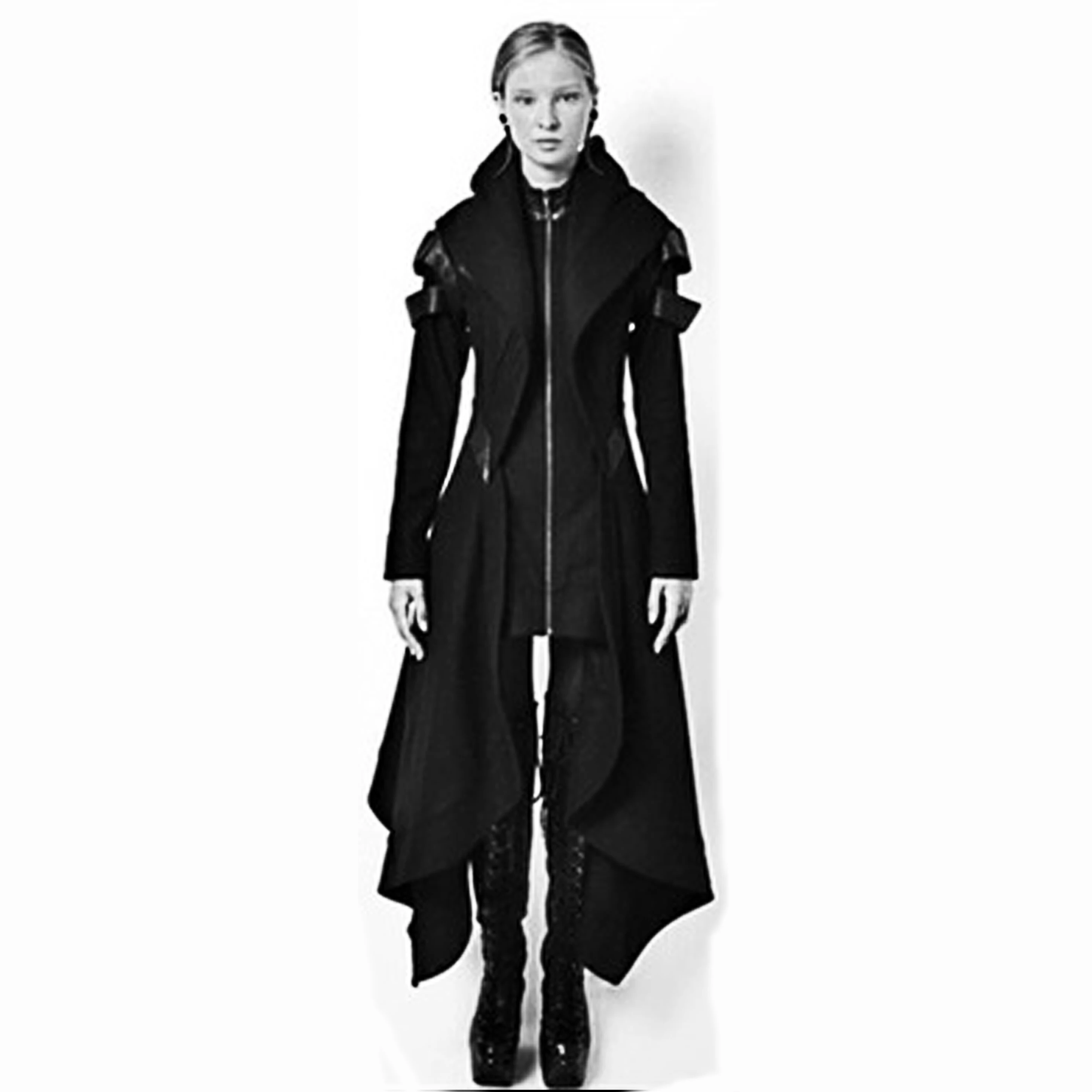 Купи Women Irregular Black Hooded Coat Punk Gothic Cosplay Steampunk Jacket Overcoat за 3,062 рублей в магазине AliExpress