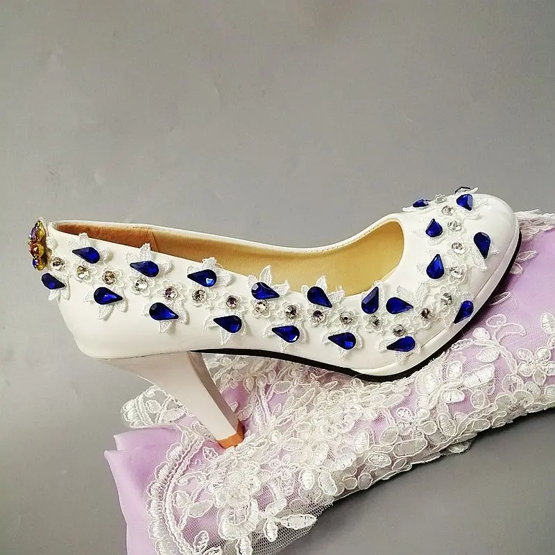 

На высоком каблуке (9 см) с Королевский синий цвет с украшением в виде кристаллов Стразы Свадебные вечерние женские туфли-лодочки на высокой ...