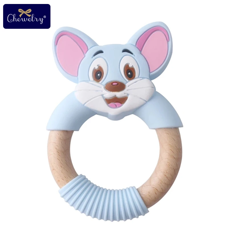 Blue Mouse 1 шт. Детские Прорезыватели силиконовая мышь грызуны Силиконовые Прорезыватели деревянное кольцо деревянный Прорезыватель коляска белка для детей товары игрушки - Цвет: Blue Mouse