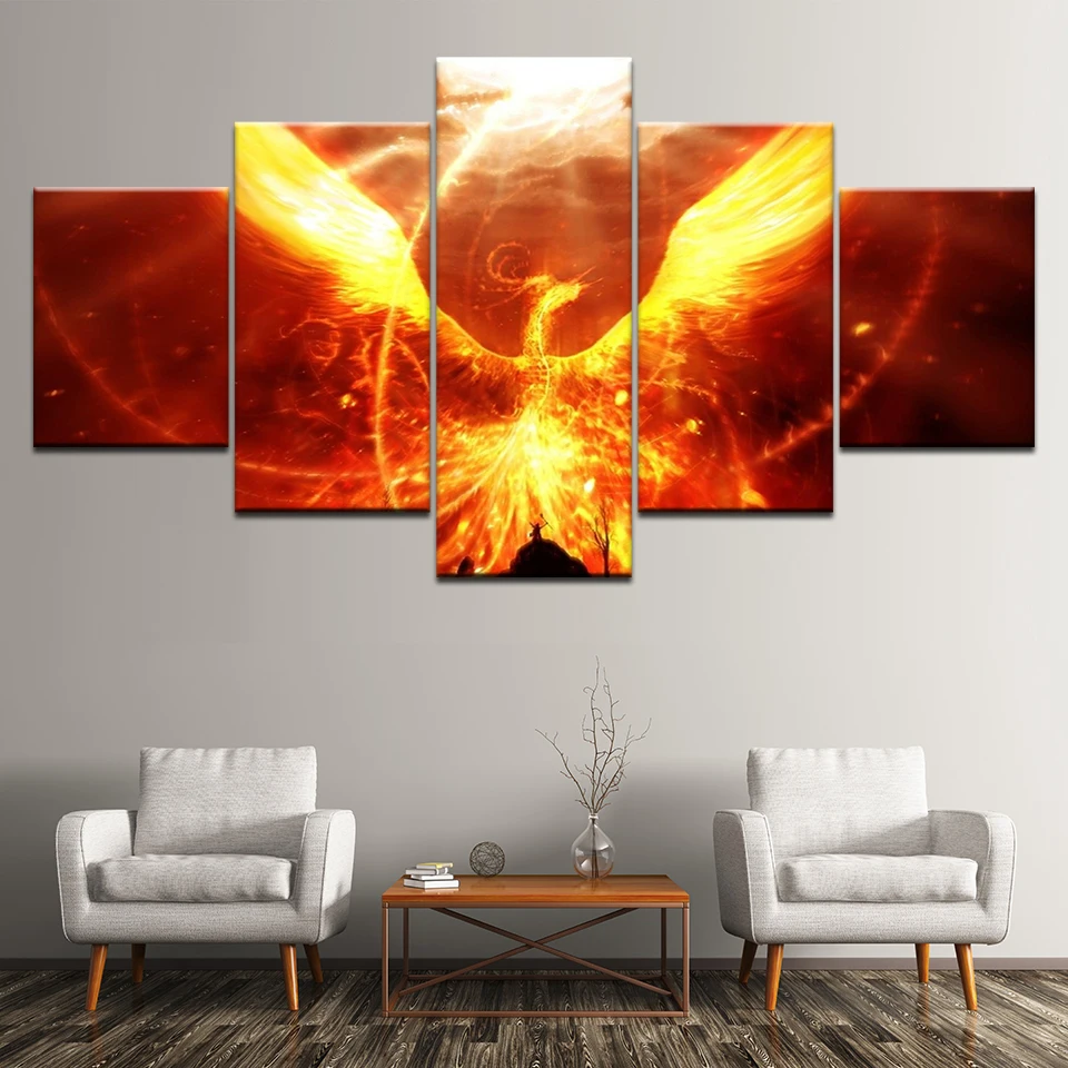 

HD Poster Canvas Home Decorative Modular Picture 5 Pieces Oil Painting Fire Phoenix Framework Wall Art Prints For Living Room