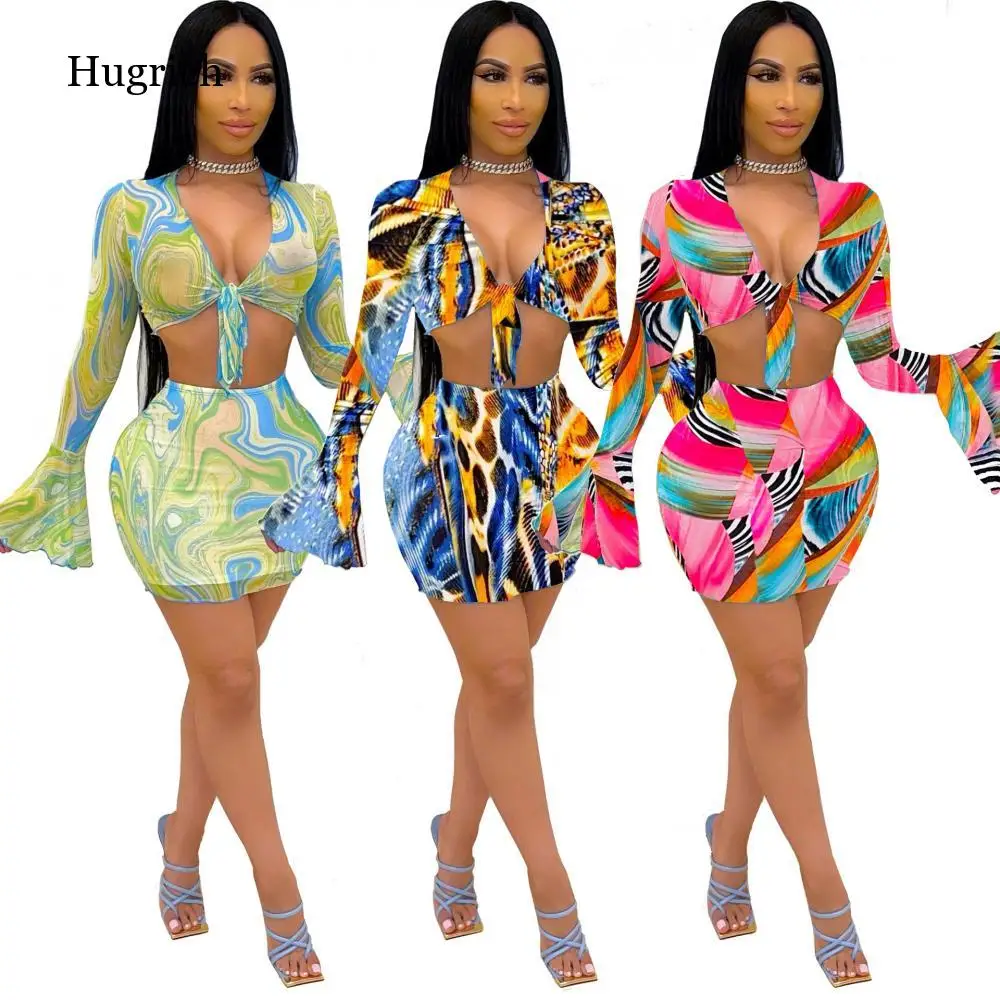 

Mesh Printed Flare Sleeve Crop Top+Mini Skirt 2 Piece Sets Women Fashion Streetwear Summer 2021 Party Clubwear