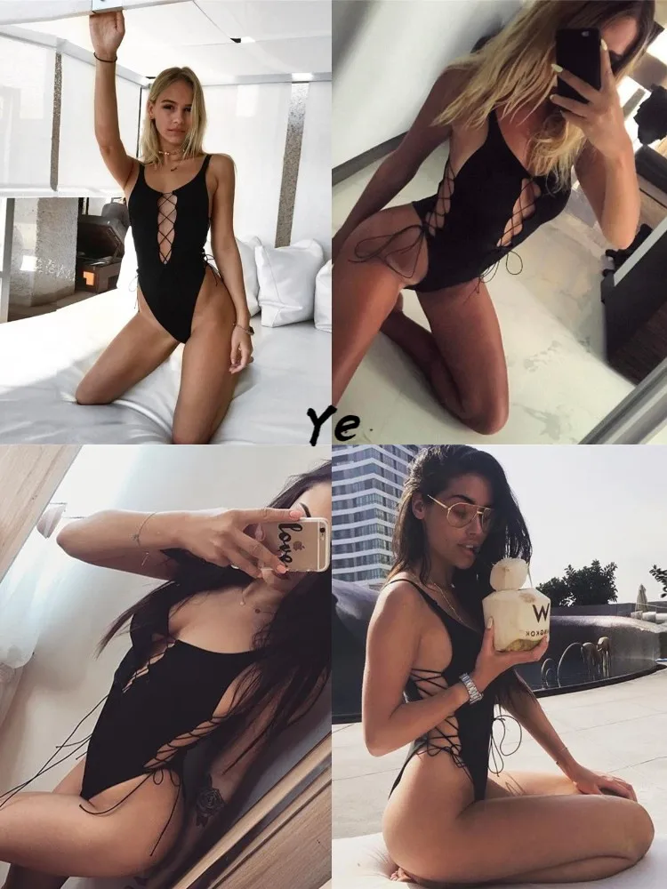 

Sexy black bandage Women One-Piece Suits 2020 New Padded Swimsuit Monokini Swimwear Women Bathing Suit Swimming Beach Wear