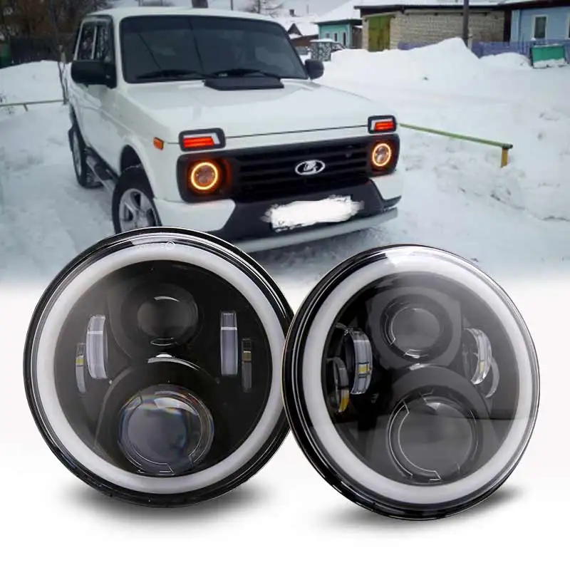 

1Pair Running Lights 75W Car Led H4 7inch Car Accessories Angel Eyes H4 Led Headlight For Lada Niva 4X4