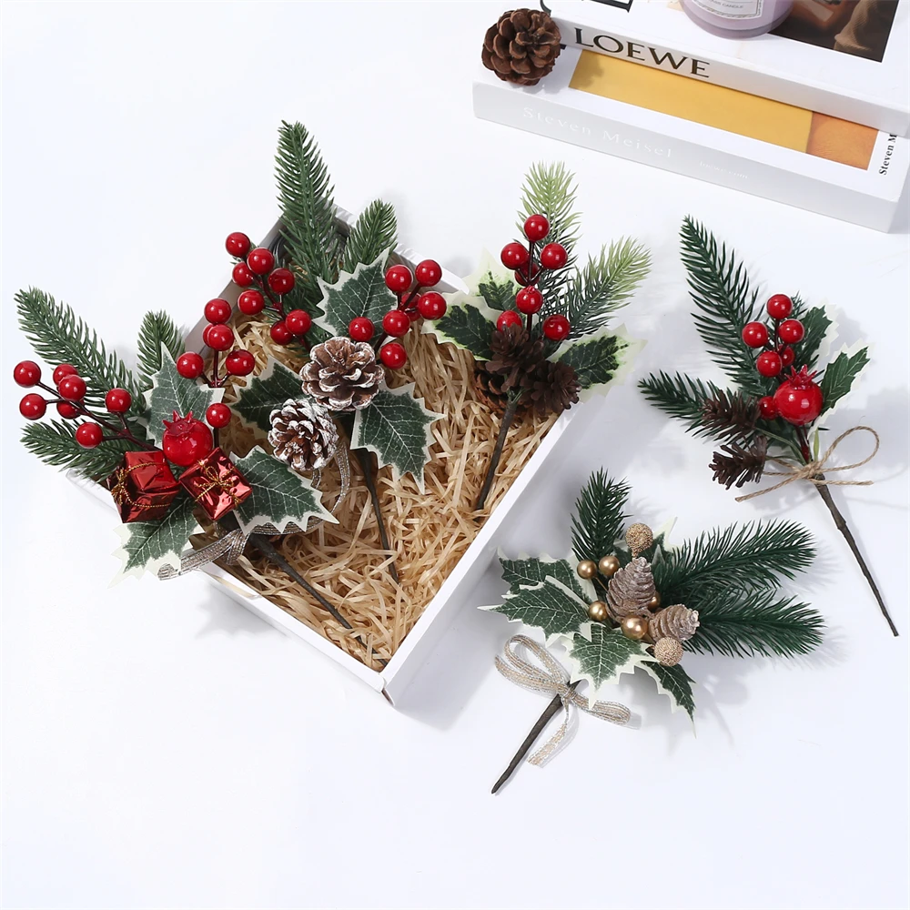 

1PC Artificial Pine Needle Christmas Decor Stamens Pearl Branches Red Berries For Xmas Tree Decoration DIY Gift Box Craft Flower