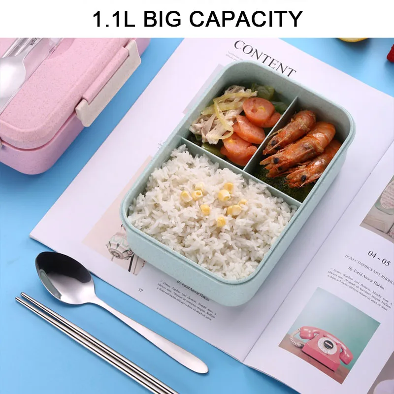 1.1L Ланч бокс 3 слоя пшеничной соломы Bento коробка герметичная микроволновая посуда