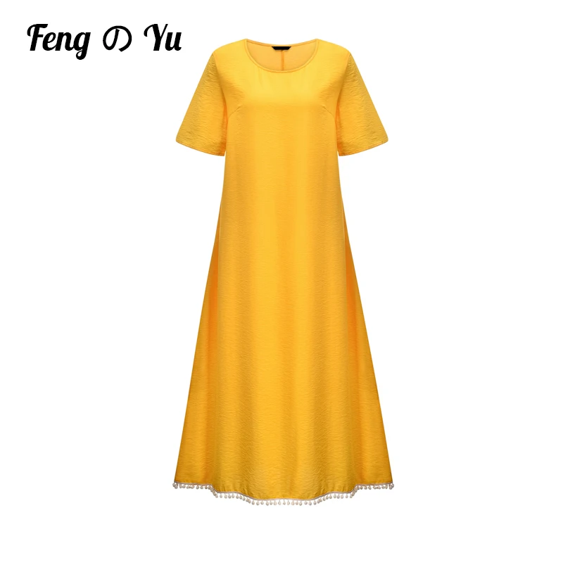

Ladies Summer Casual Short-Sleeved Solid Color Dress Elegant Ladies Round Neck Dress Bohemian Loose Tassel Dress Yellow XL