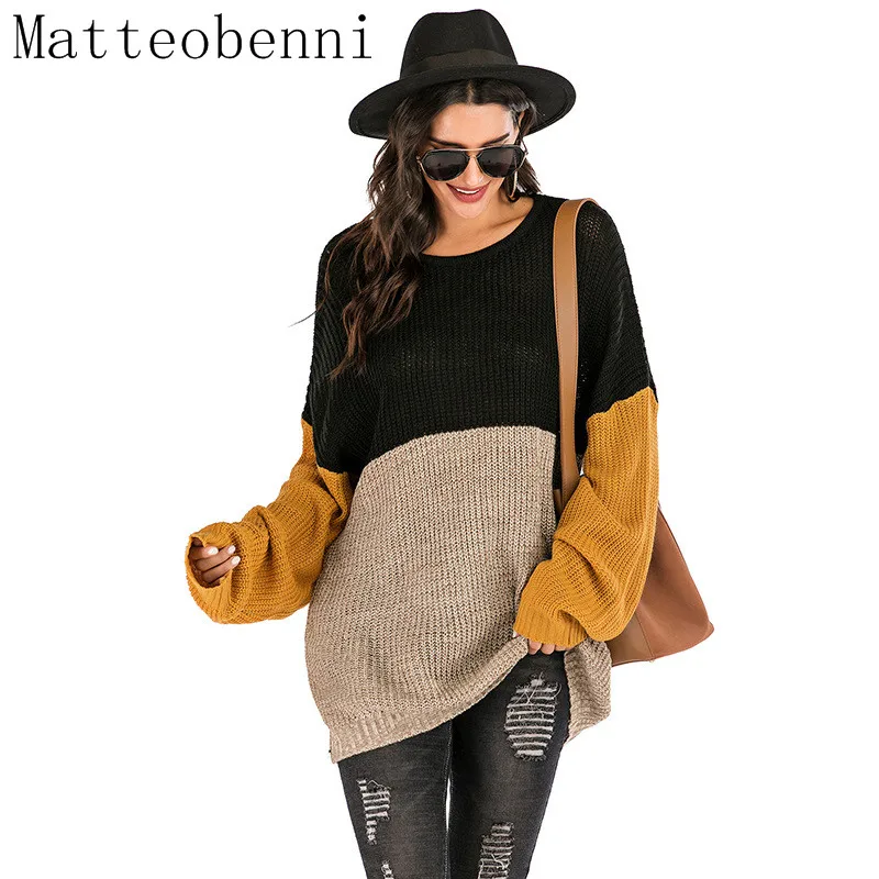 

Loose Knitted Sweater Women Jumpers Long Sleeve Woman Pullovers Sweaters Casual 2020 Autumn Winter Color Block Striped Sweater
