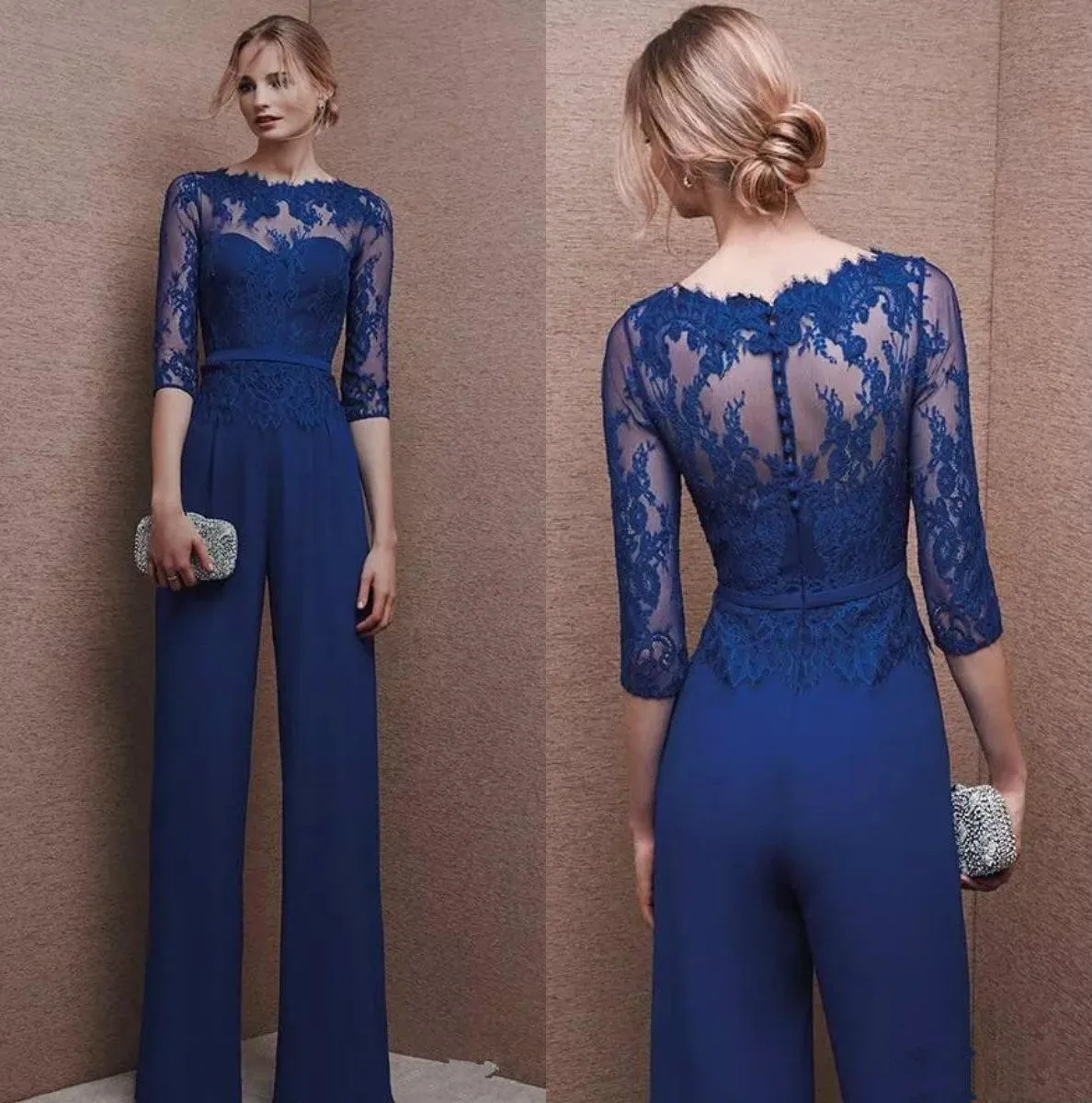 

Royal Blue 2021 Plus Size Mother Of Bride Pant Suit 3/4 Lace Sleeve Mother Jumpsuit Chiffon Cocktail Party Evening Dresses