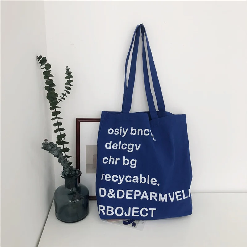 

Women Canvas Shoulder Bag Pure Cotton Ladies Shopping Bag Casual Deep Blue Letter Tote Female Folding Beach Bags Chic Handbag#20