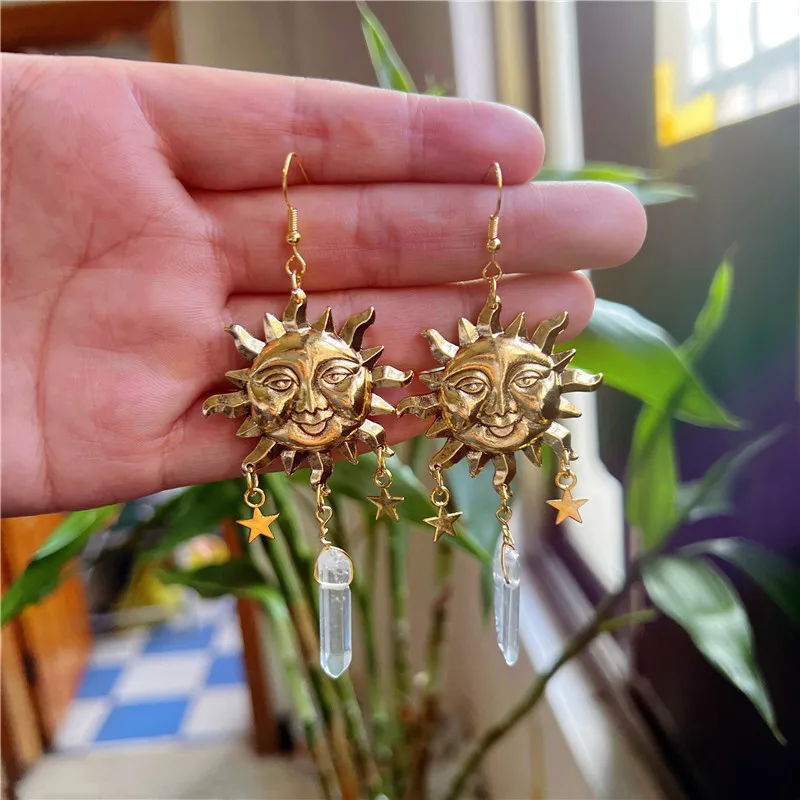 

Cute Celeste Moon Sun Stars And Raw Quartz Dangle Earrings For Women Gift Goddess Stone Celestial Drop Jewelry