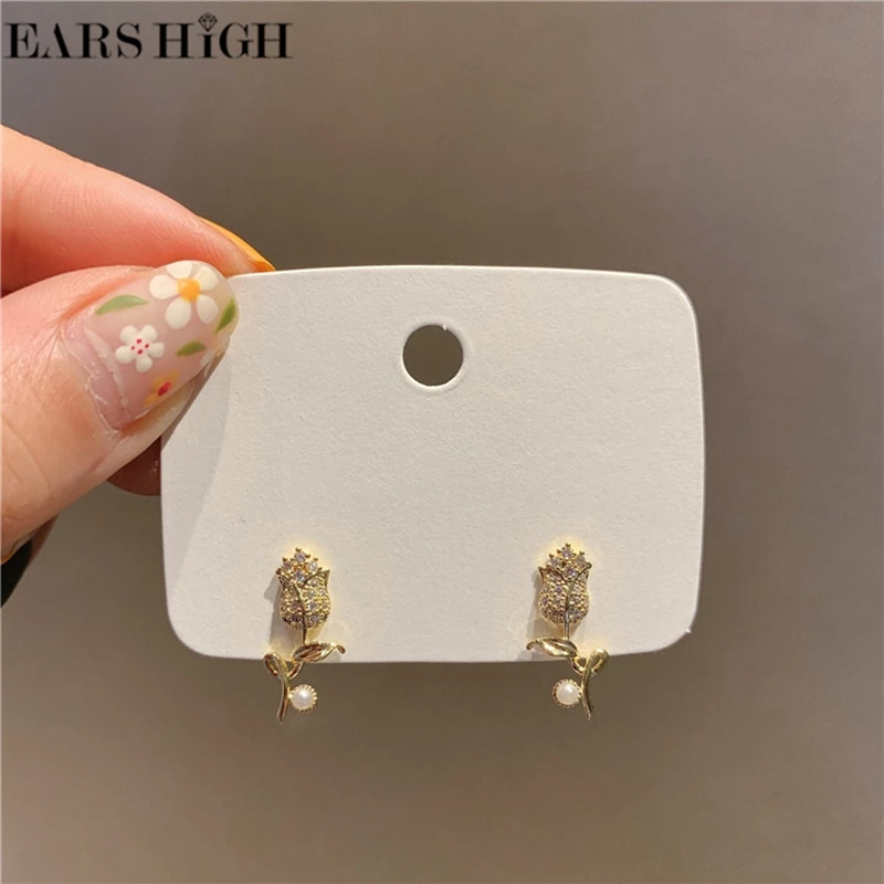 

EARS HIGH Ins Delicate Cute CZ Rose Flower Stud Earrings For Women Girls Metal Petal Wedding Birthday Oorbellen Jewelry Gifts