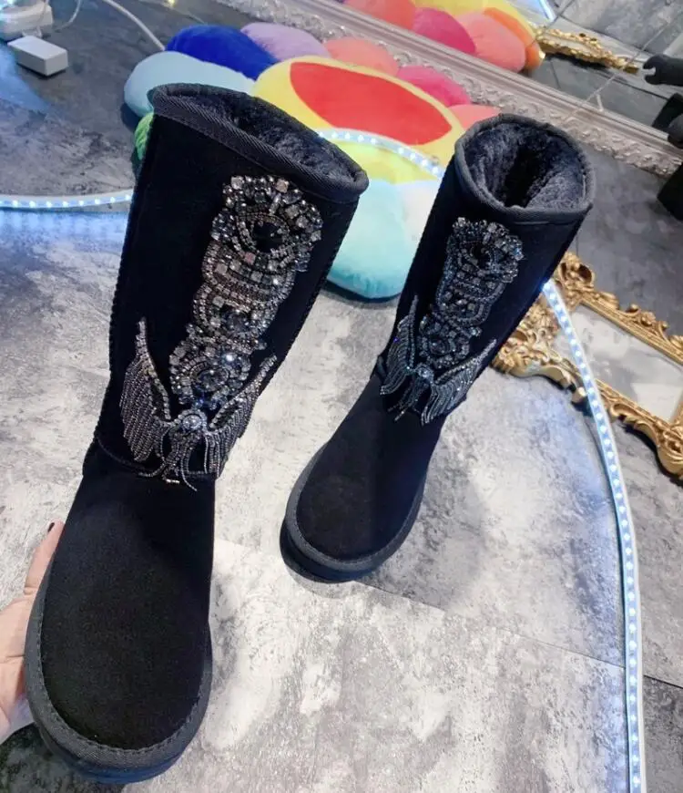 

High tube simple tide with rhinestone tassels handmade flat-bottomed warm non-slip black snow boots goddess