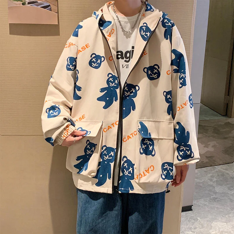 

Autumn hooded jacket men's loose casual bear print fried Street coat spring and Autumn clothes winter jackets modis stone lol