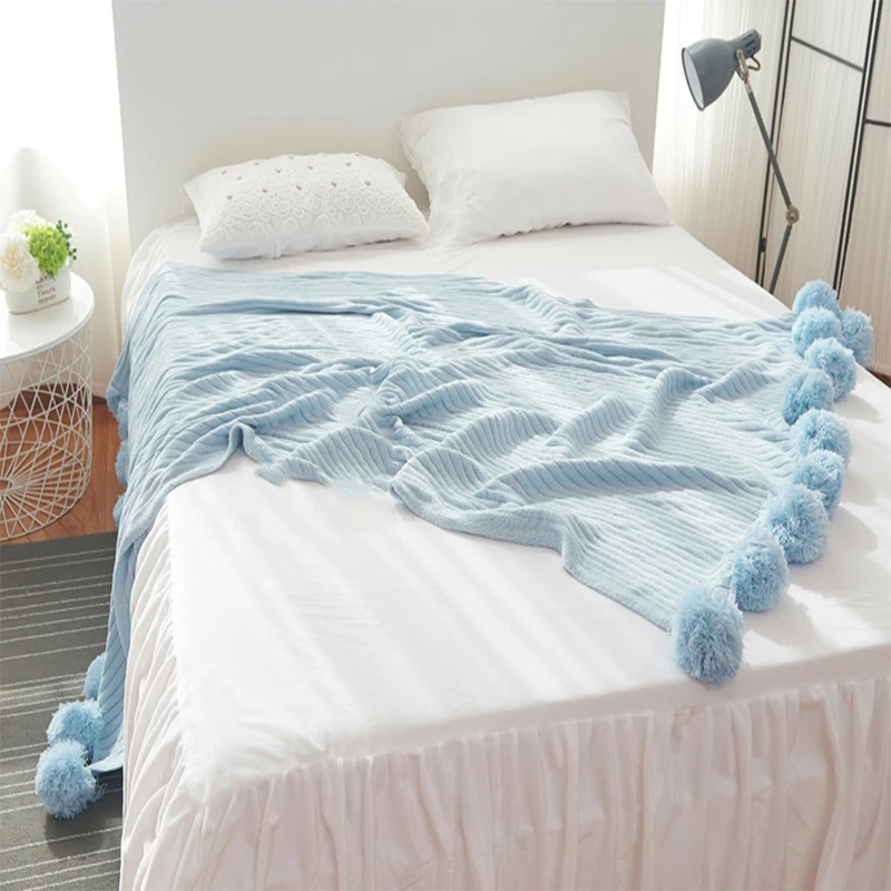 Хлопковое вязаное одеяло Флисовое с шариками покрывало для кровати 5 цветов